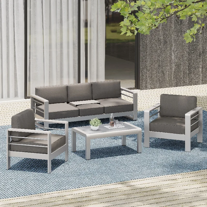 Affordable wooden plant stands-Cape Coral Outdoor 4 Piece Aluminum Chat Set with Water Resistant Cushions by Christopher Knight Home