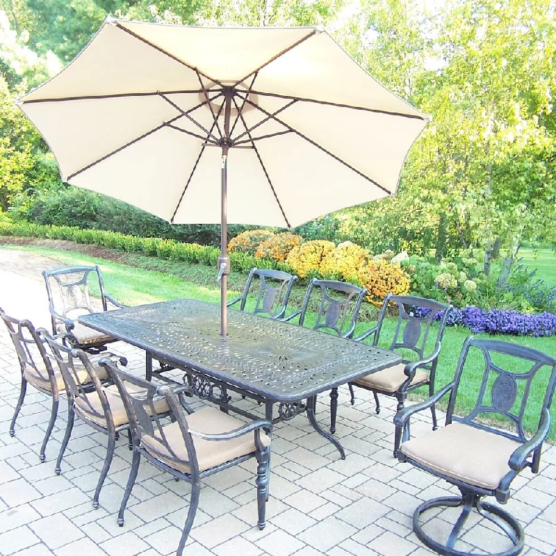 Vintage floral wall decor-Cast Aluminum 11-piece Dining Set, with Table, 6 Stackable Chairs, 2 Cushioned Swivel Rockers, Umbrella, and Stand