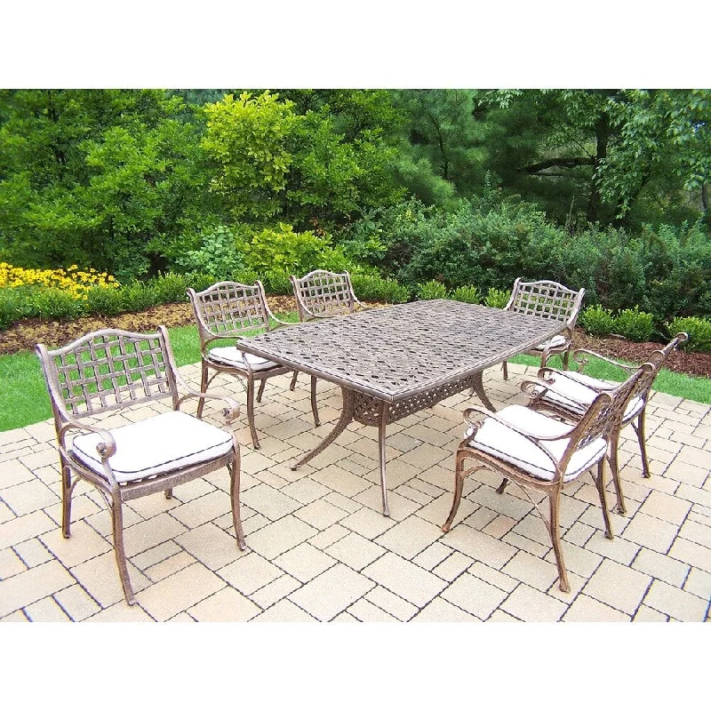 Elegant floral wall mirrors-Cast Aluminum Dining Set with Boat Table and 6 Cushioned Chairs