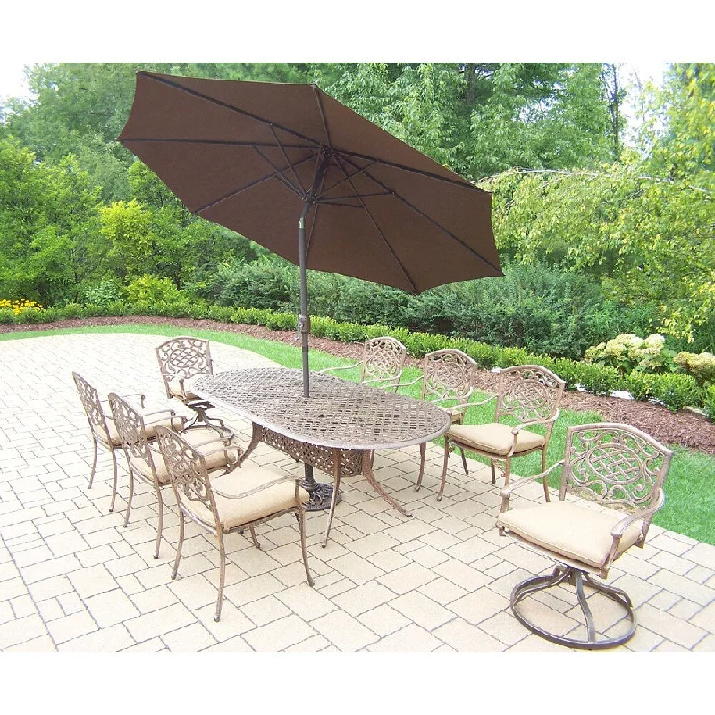 Affordable ceramic table decor-Dakota Antique Bronze Shaded Cushioned 11-piece Patio Dining Set