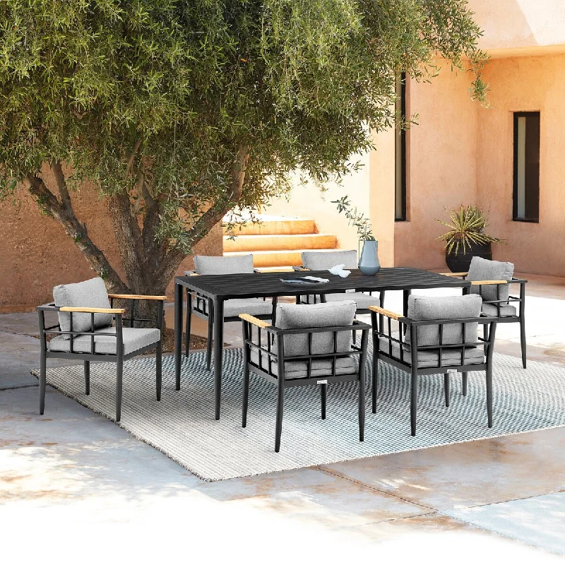 Durable wooden wall shelves-Ezra Outdoor Patio 7-Piece Dining Table Set in Aluminum and Teak with Grey Cushions