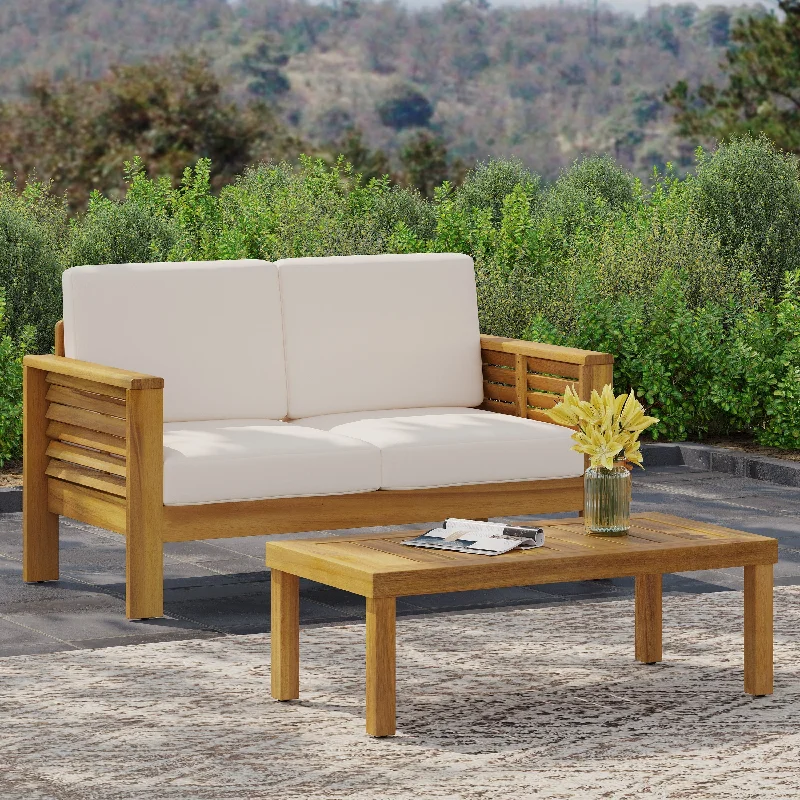 Designer wooden wall decor-Louver Acacia Wood Outdoor Loveseat and Coffee Table Set with Cushions by Christopher Knight Home