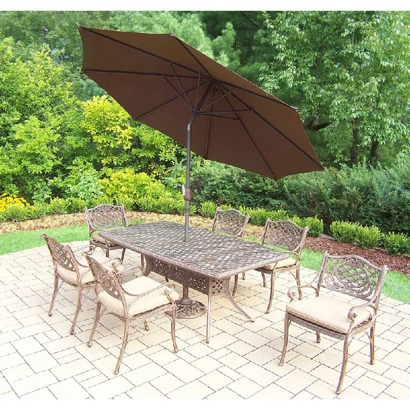 Chic pastel decorative trays-Merit Antique Bronze Shaded Cushioned 9-piece Patio Dining Set