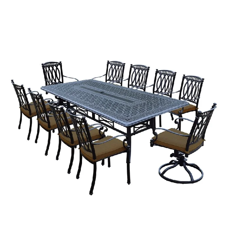 Affordable wooden wall clocks-Milan 11 Piece Dining Set with 102x46-inch Table, 8 Chairs and 2 Swivel Rockers both Stackable with Sunbrella Cushions