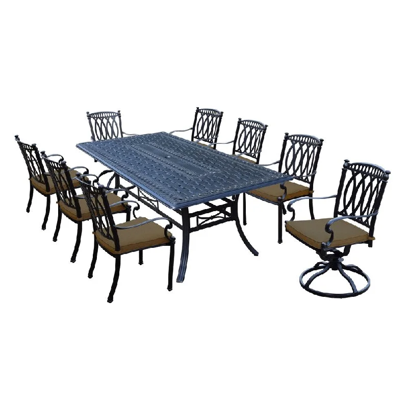 Luxury porcelain flower vases-Milan 9 Piece Cast Aluminum Dining Set with Rectangular Table, 6 Stackable Chairs, 2 Swivel Rockers and Sunbrella Cushions