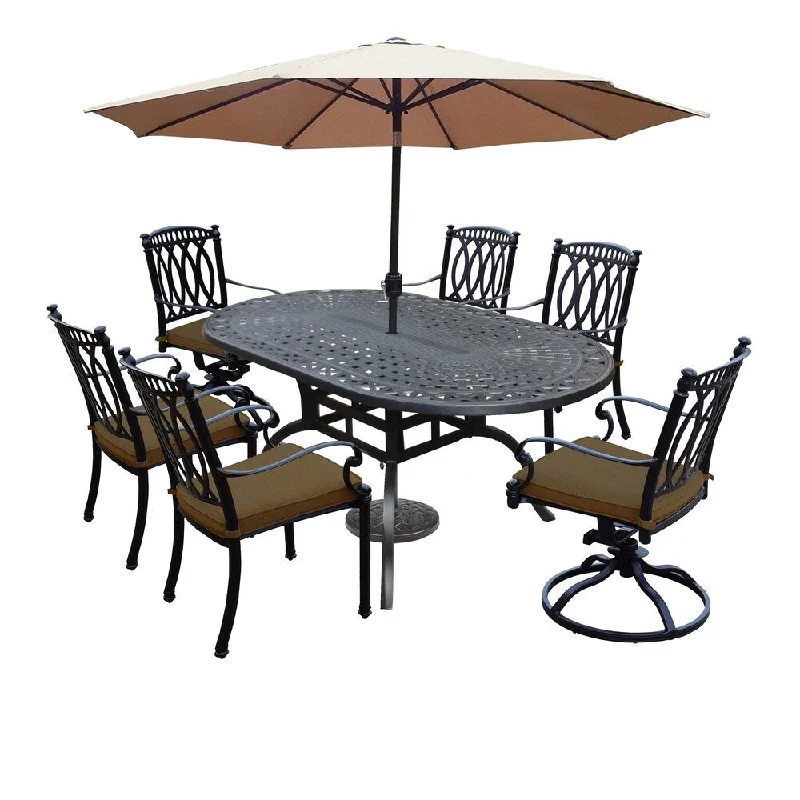 Designer ceramic wall tiles-Milan 9 Piece Set with Table, Sunbrella Cushioned (4) Chairs, (2) Swivel Rockers, 9 ft Umbrella and Cast Stone Stand/Weight