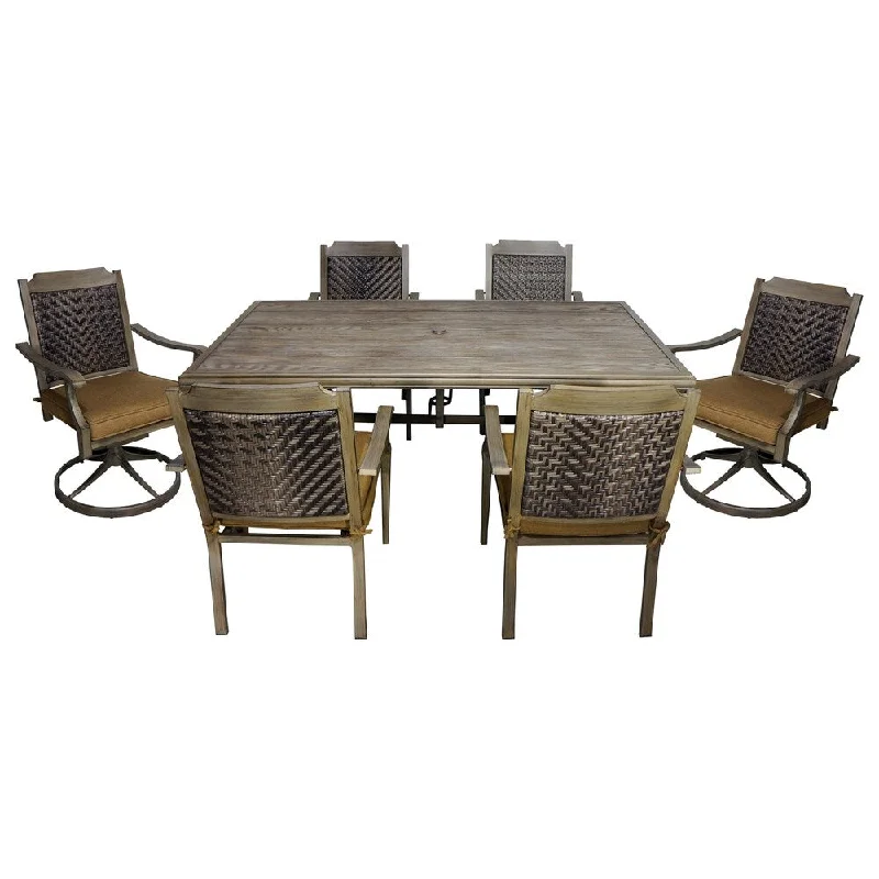 Designer woven wall tapestries-Mojave 7-piece Dinning Set - grey brush wood frame color/ochre cushions