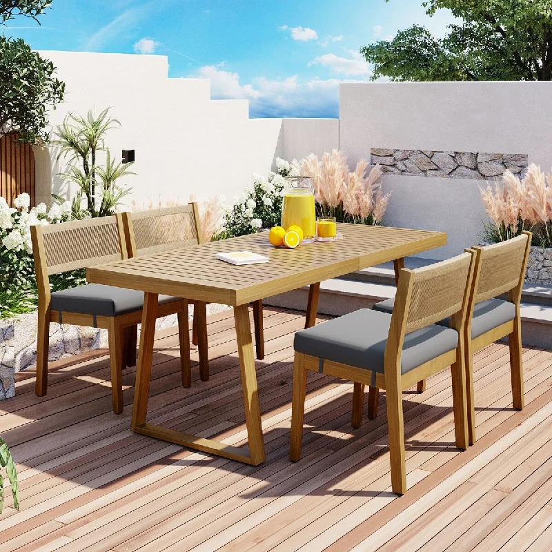 Casual outdoor decorative pillows-Multi-person Outdoor Acacia Wood Dining Table and Chair Set, Thick Cushions, Suitable for Balcony, Vourtyard, and Garden