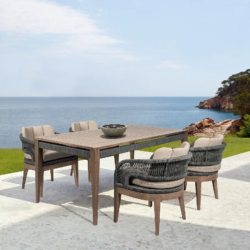 Chic frosted glass wall decor-Orbit Outdoor Patio 5 Piece Dining Set in Weathered Eucalyptus Wood with Gray Rope and Taupe Olefin Cushions