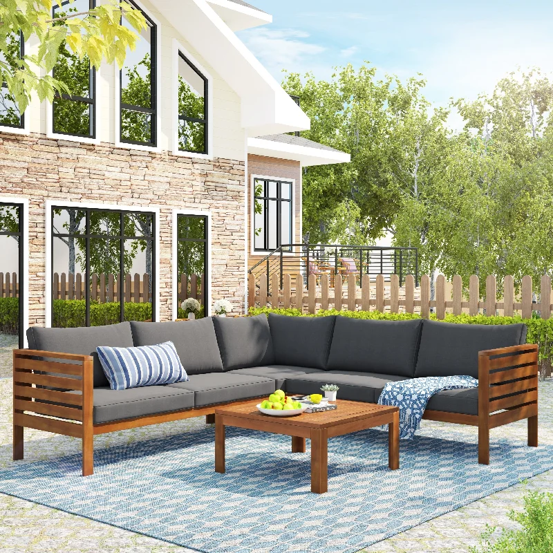 Designer bamboo accent chairs-Outdoor Acacia Wood Sofa Set with Water-Resistant Cushions and Coffee Table