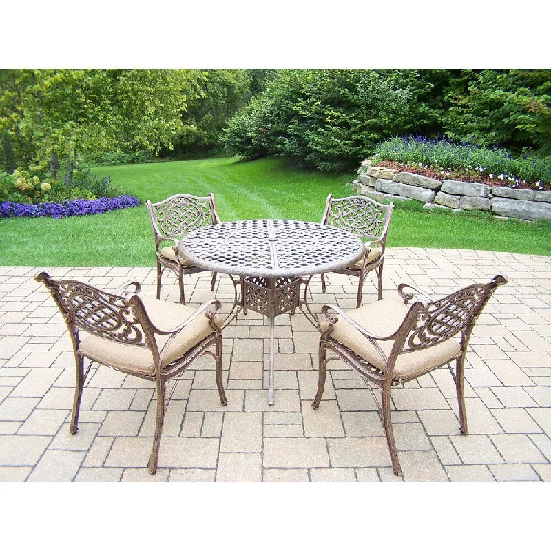 Trendy macrame plant hangers-Outdoor Antique Bronze 5-Piece Dining Set with Beige Cushions