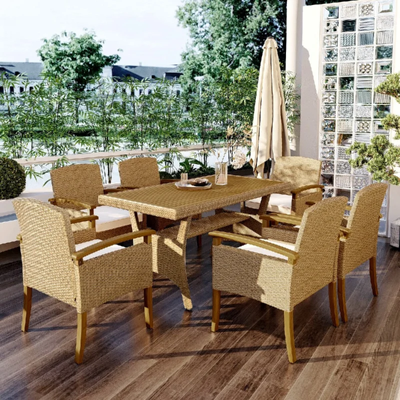 Casual fabric accent pillows-Outdoor Patio 7-Piece Dining Table Set All Weather PE Rattan Dining Set with Wood Tabletop and Cushions for 6 - N/A