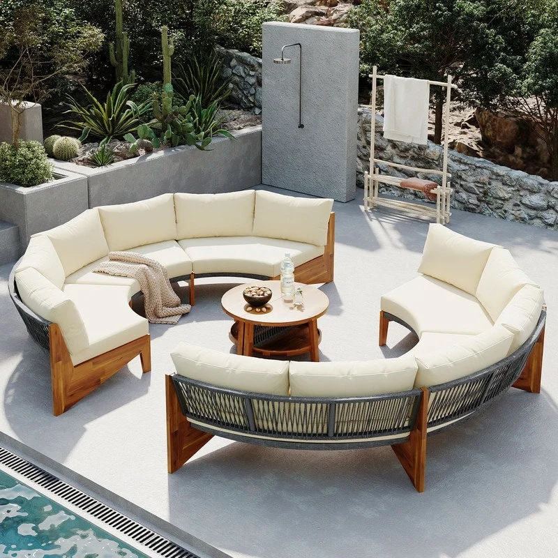 Trendy frosted plant pots-Patio 3-Piece Conversation Set, 6-Person Outdoor Seating Group with Cushions and a Coffee Table, Half Moon Patio Furniture Sets