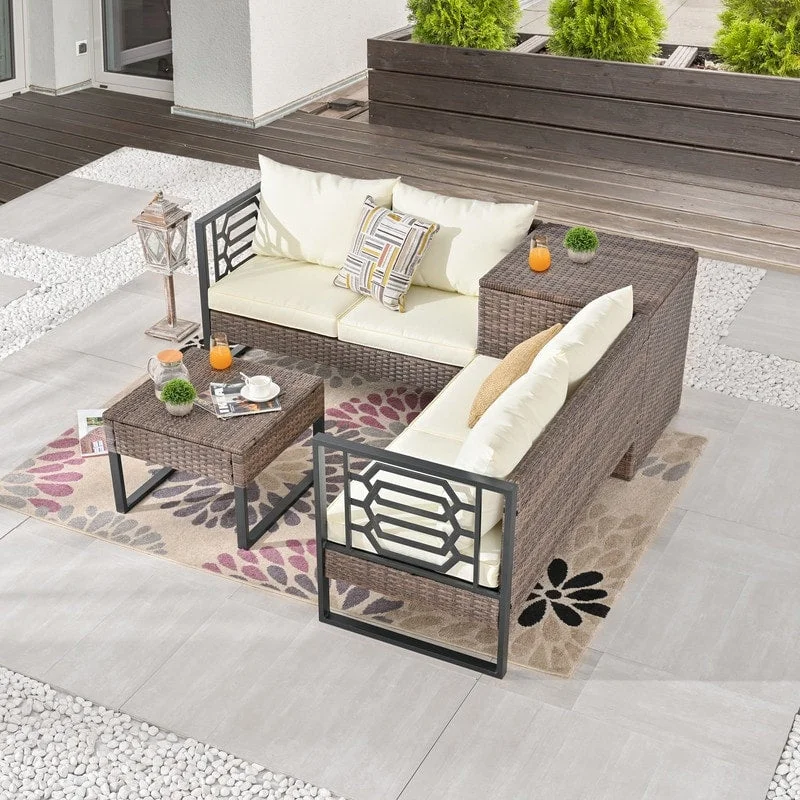 Trendy ombre wall mirrors-Patio Festival Wicker 4-Seat Sofa Set with Coffee Table and Cushions