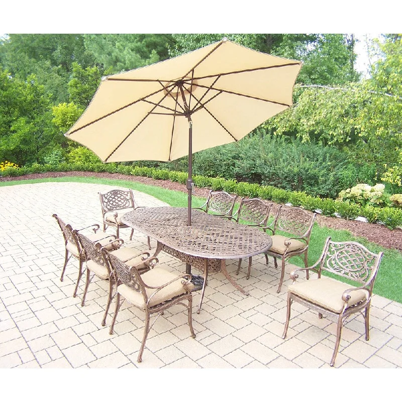 Luxury crystal table centerpieces-Patio Set with Table, 8 Cushioned Chairs, 9 ft Umbrella and Stand