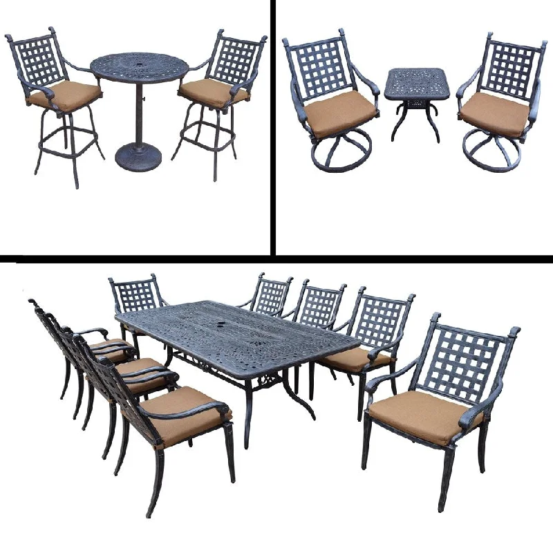 Designer wooden picture frames-Premier Sunbrella Cushioned Set includes 3 Pc Bar Set, 9 Pc Dining Set with 8 Stackable Chairs and 3 Pc Swivel Rocker Chat Set