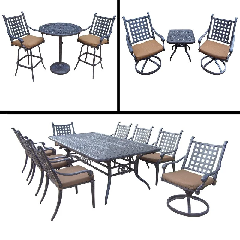 Elegant etched glass lanterns-Premier Sunbrella Cushioned Set includes 3 Pc Bar Set, 9 Pc Dining Set with Extendable Table, 3 Pc Swivel Rocker Chat Set