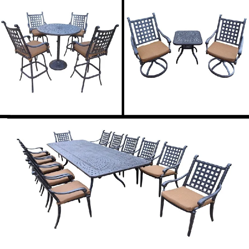 Trendy matte finish sculptures-Premier Sunbrella Cushioned Set includes 5 Pc Bar Set, 13 Pc Dining Set with Extendable Table and 3 Pc Swivel Rocker Chat Set