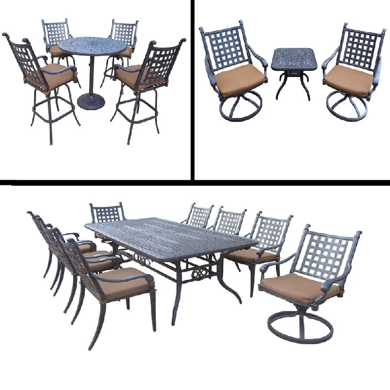 Casual fabric accent pillows-Premier Sunbrella Cushioned Set includes 5 Pc Bar Set, 9 Pc Dining Set with Extendable Table and 3 Pc Swivel Rocker Chat Set