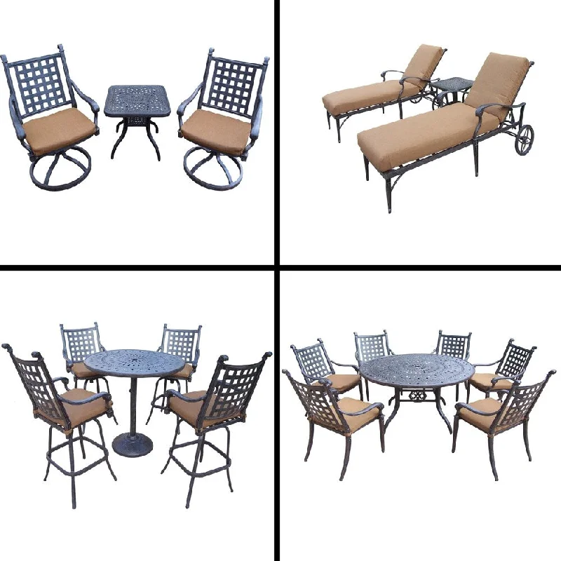 Luxury hand-painted vases-Premier Sunbrella Cushioned Set with 5 Pc Bar Set, 7 Pc Dining Set, 3 Pc Chaise Lounge Set and 3 Pc Swivel Rocker Chat Set