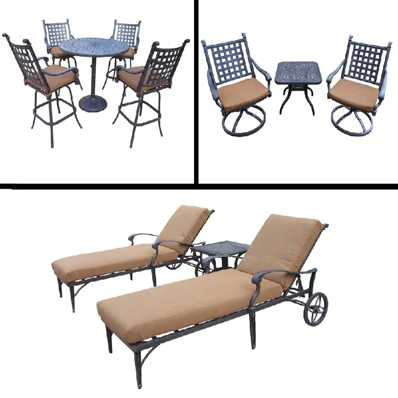 Stylish frosted candle holders-Premier Sunbrella Cushioned Set with 5 Pc Bar Set with 4 Swivel Bar Stools, 3 Pc Chaise Lounge Set and 3 Pc Swivel Rocker Set