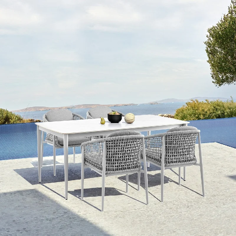 Designer ceramic wall tiles-Rhodes Outdoor Patio 5 Piece Dining Set in Aluminum with Sintered Stone and Gray Cushions