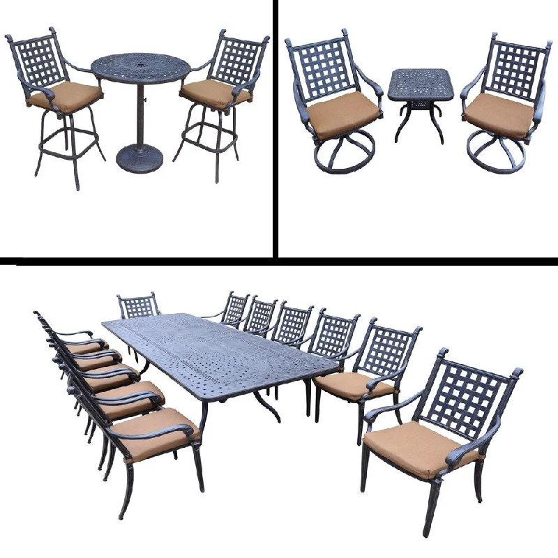 Trendy oversized decorative pillows-Sunbrella Cushioned Set includes 13 Pc Dining Set with Extendable Table & 12 Chairs, 3 Pc Bar Set and 3 Pc Swivel Rocker Set