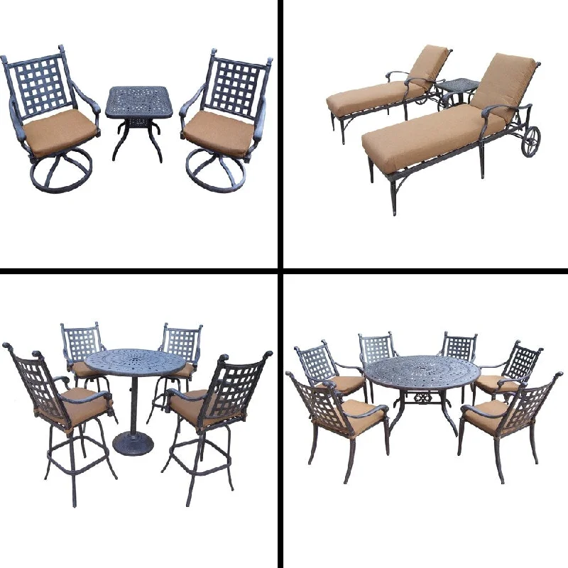 Vintage-inspired photo frames-Sunbrella Cushioned Set includes 5 Pc Bar Set, 7 Pc Dining Set, 3 Pc Chaise Lounge Set and 3 Pc Swivel Rocker Chat Set