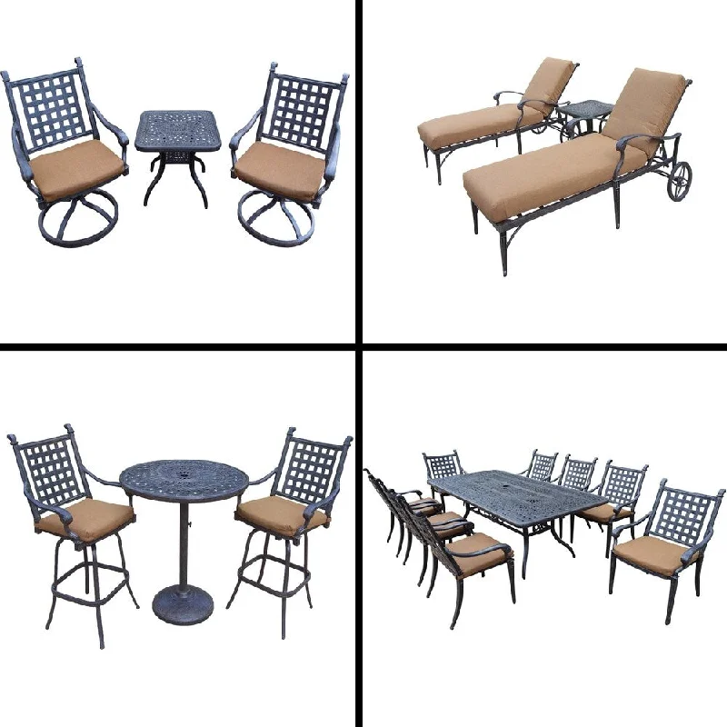 Casual fabric accent pillows-Sunbrella Cushioned Set with 3 Pc Bar Set, 9 Pc Dining Set with 8 Chairs, 3 Pc Chaise Lounge Set and 3 Pc Swivel Rocker Set