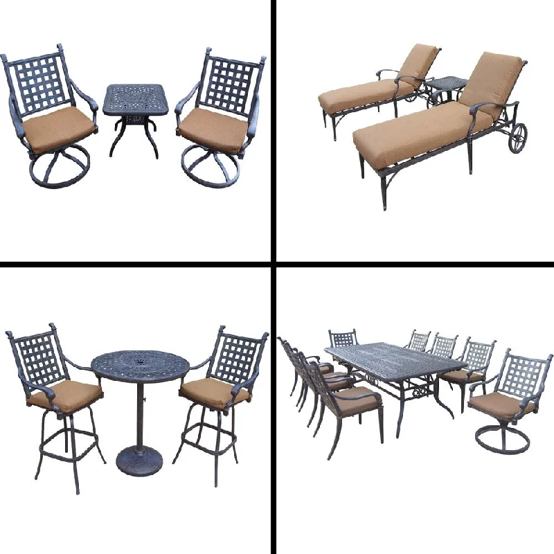 Vintage-inspired candle lanterns-Sunbrella Cushioned Set with 3 Pc Bar Set, 9 Pc Dining Set with Extendable Table, 3 Pc Chaise Lounge and 3 Pc Swivel Rocker Set