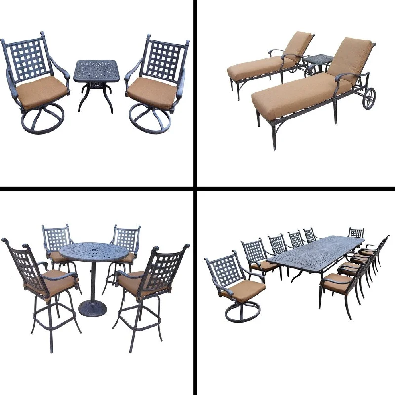 Luxury etched glass chandeliers-Sunbrella Cushioned Set with 5 Pc Bar Set, 11 Pc Dining Set, Extendable Table, 3 Pc Chaise Lounge Set and 3 Pc Swivel Rocker Set