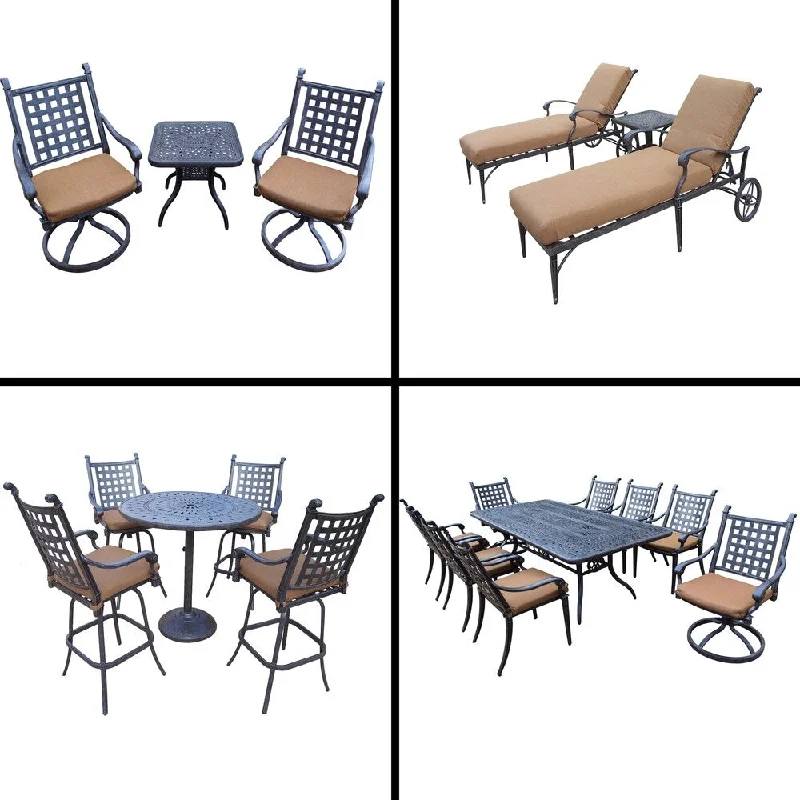 Elegant floral throw rugs-Sunbrella Cushioned Set with 5 Pc Bar Set, 9 Pc Dining Set, Rectangle Table, 3 Pc Chaise Lounge Set and 3 Pc Swivel Rocker Set