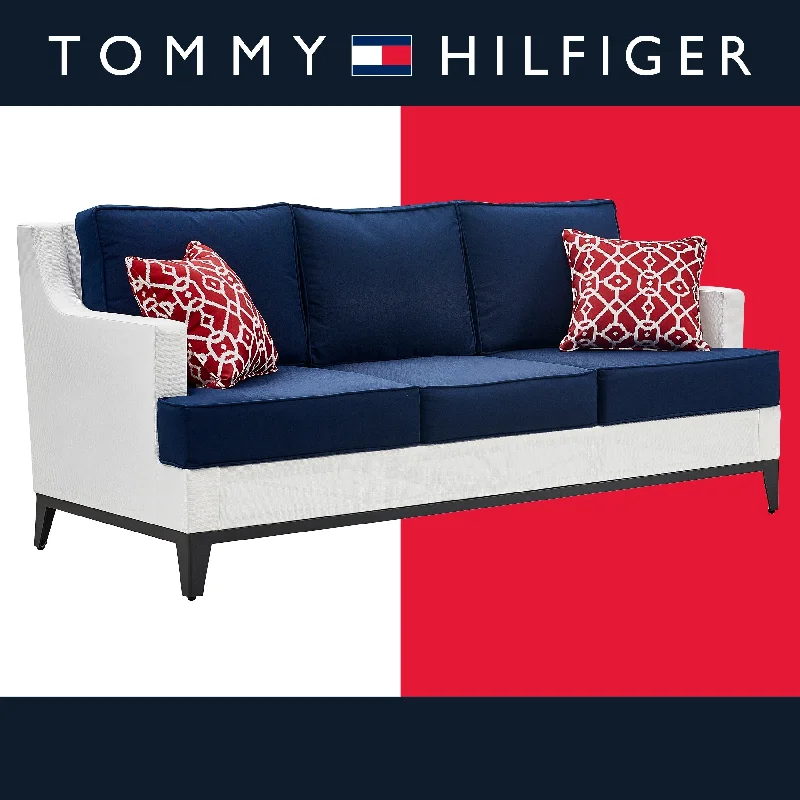 Trendy matte black lanterns-Tommy Hilfiger Hampton Outdoor Mesh Sofa with Cushions, Coastal White and Navy