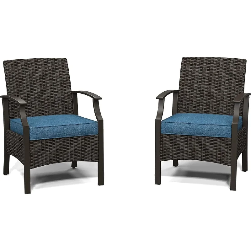 Stylish woven rugs for bedrooms-Wicker Formal Dinning Chair Side Table Set With Blue Cushions In Metal Frame (Set of 3)