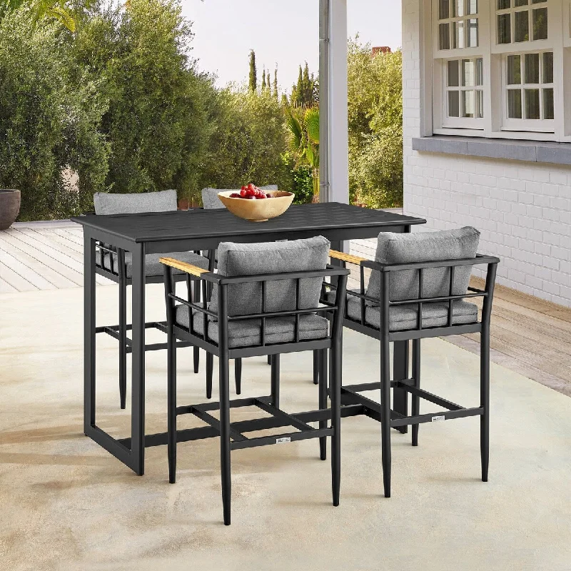 Chic frosted glass wall decor-Wiglaf Outdoor Patio 5-Piece Bar Height Dining Set in Aluminum with Grey Cushions