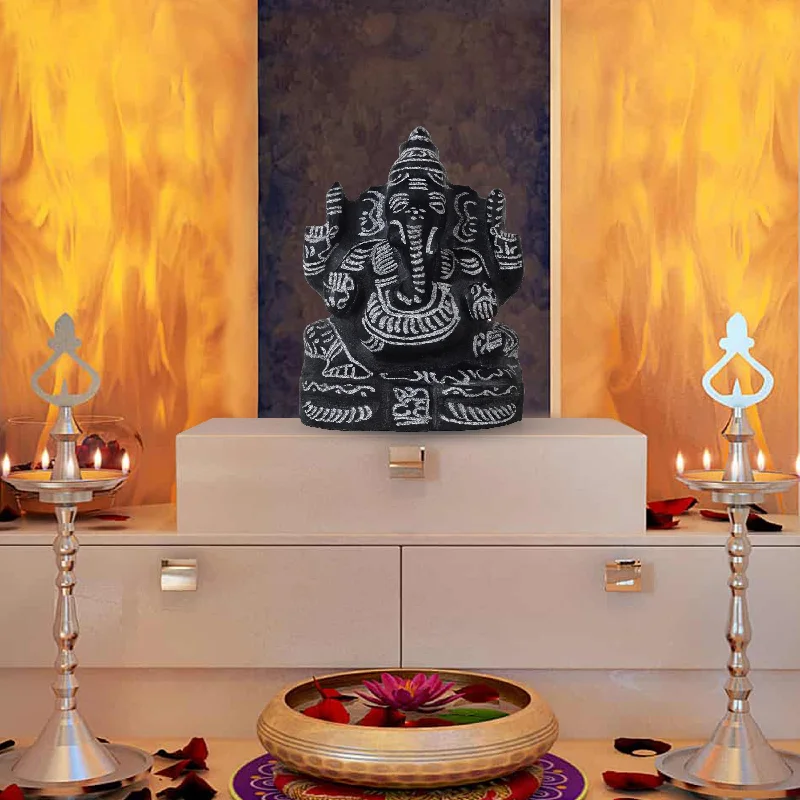 Designer wooden wall panels-Black Stone Ganesh Murti  - 6 Inches | Ganapathi Vigraham/ Vinayagar Statue for Pooja