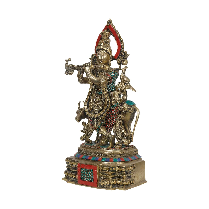 Designer wall art for living rooms-Brass Cow Krishna Statue