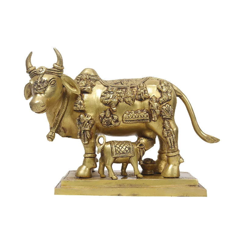 Designer bamboo accent chairs-Brass Cow With Calf Idol