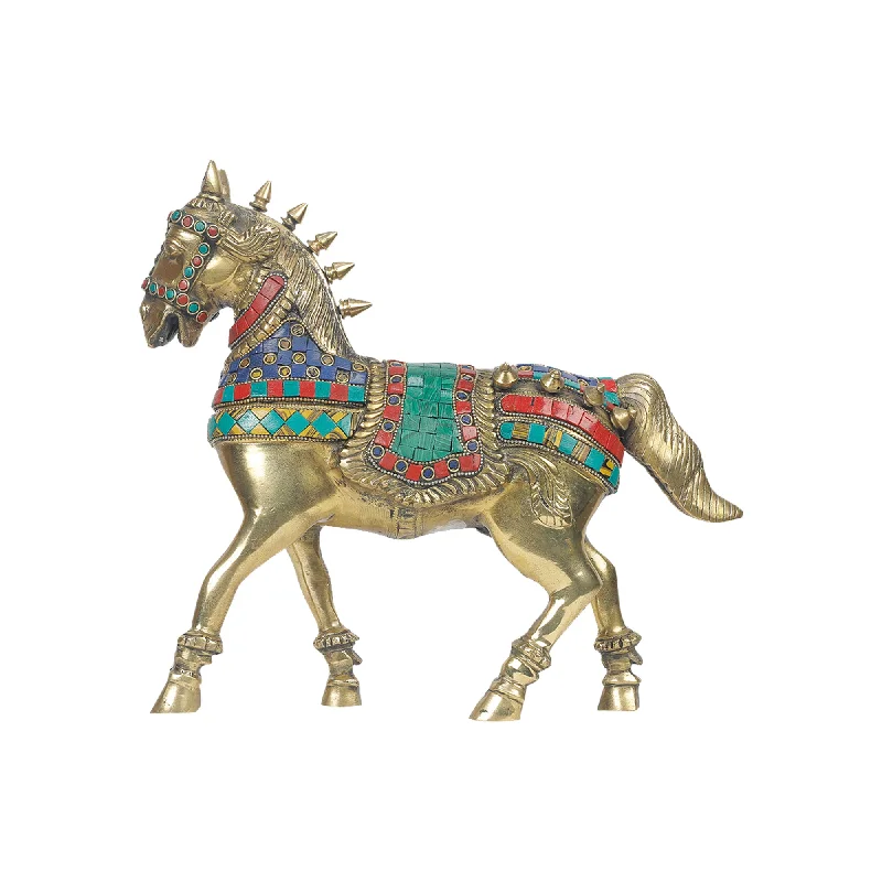 Designer wooden decorative trays-Brass Horse Idol With Stone Work