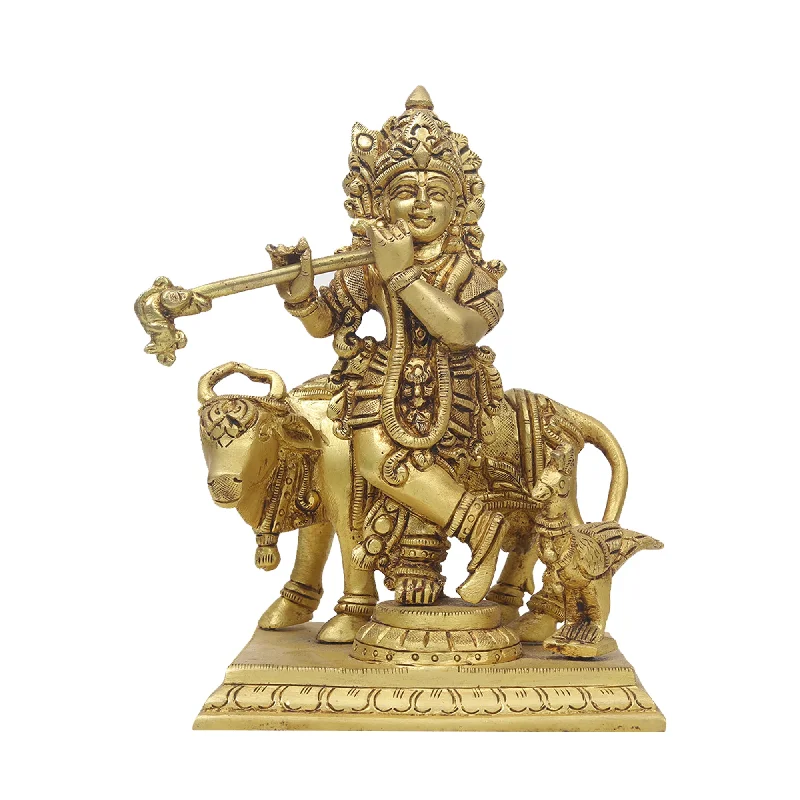 Casual canvas wall art prints-Brass Krishna With Cow