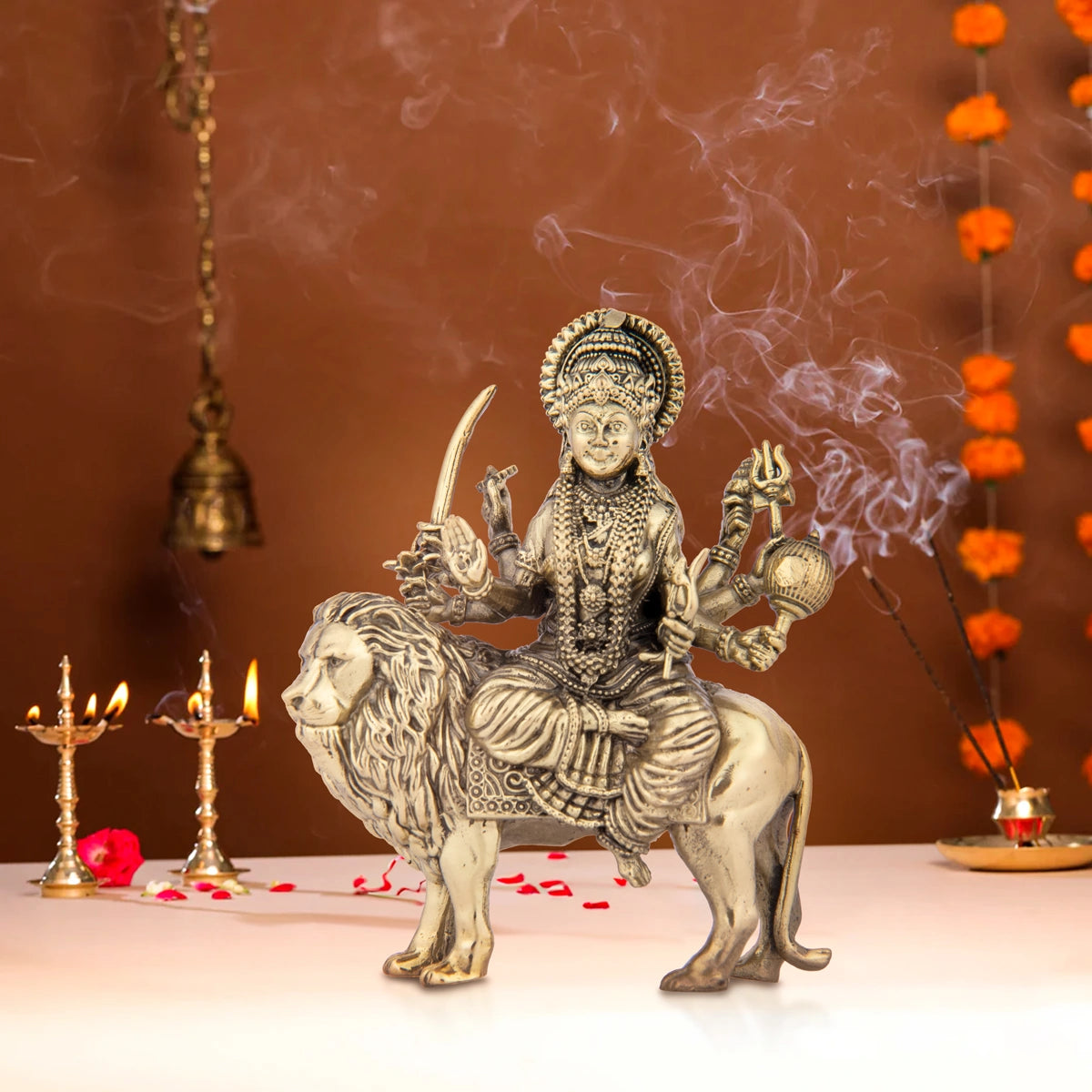 Chic minimalist table vases-Durga Devi Sitting On Lion - 6 x 4 Inches | Brass Statue/ Durga Murti for Pooja/ 490 Gms Approx