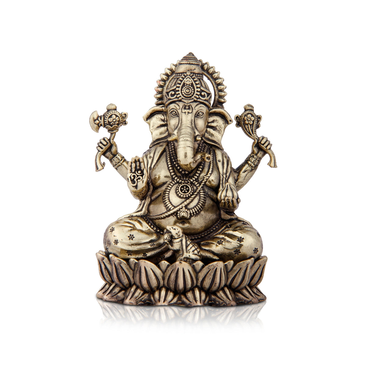 Affordable bamboo table decor-Ganesh Murti Sitting On Lotus - 4 x 3 Inches | Brass Statue/ Vinayagar Idol for Pooja/ 220 Gms Approx