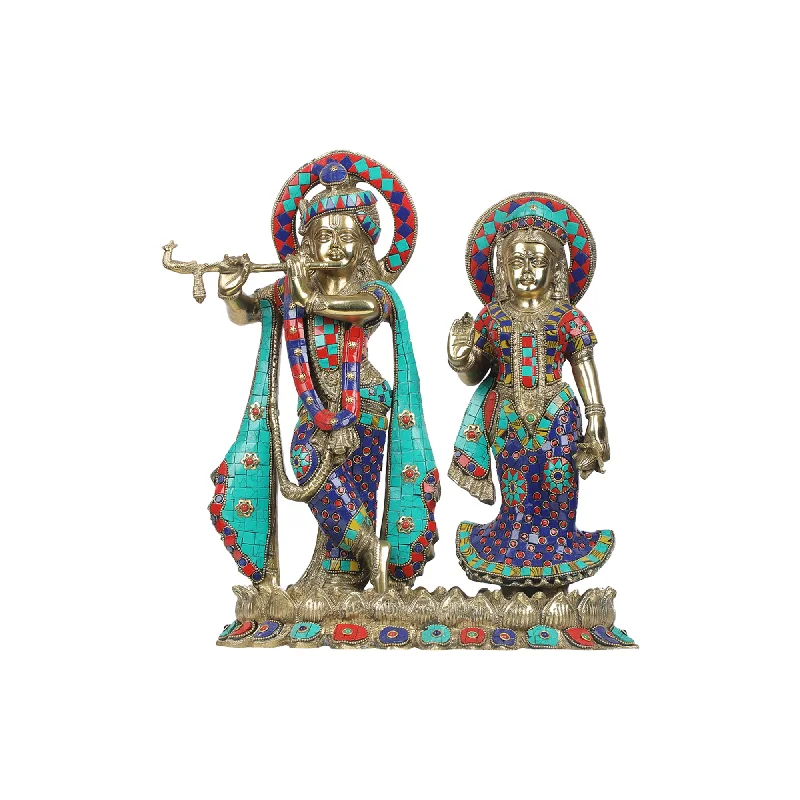 Luxury marble table sculptures-Radha Krishna Standing on LotusBase