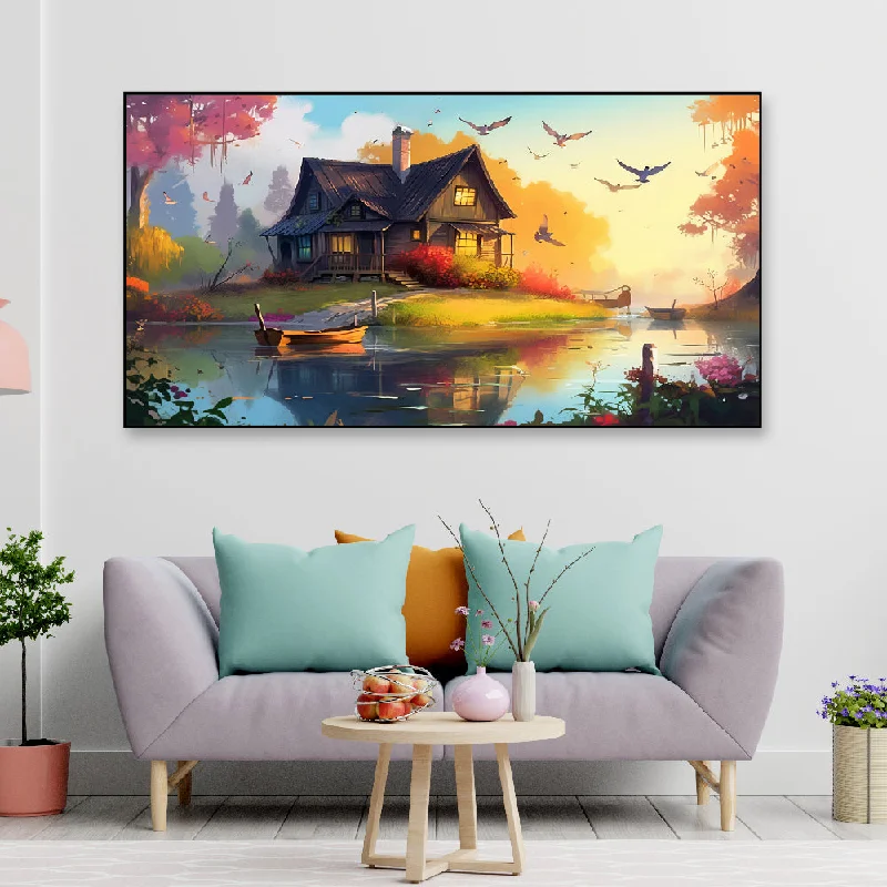 Chic minimalist table vases-Beautiful House on the Lake with Flying Birds Nature Floating Frame Landscape Canvas Wall Painting