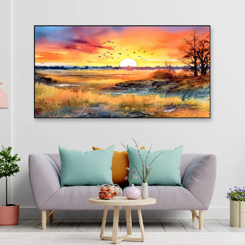 Vintage-inspired candle lanterns-Beautiful Sunset Over a Field with Flowers and Trees Floating Frame Landscape Canvas Wall Painting