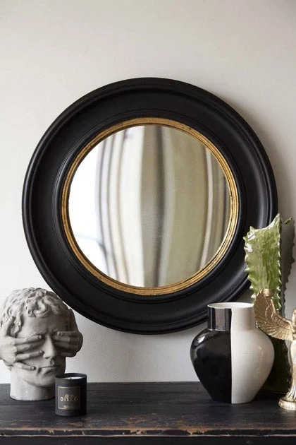 Affordable throw pillows for sofas-Black Convex Mirror With Aged Gold Detail