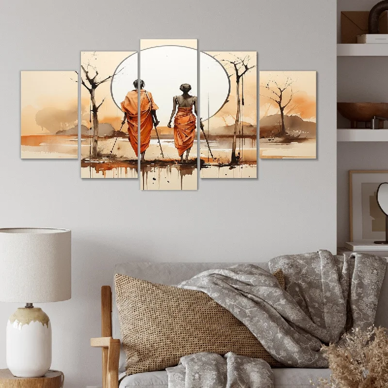 Vintage glass candle holders-Designart "African Bushmen Of Kalahari II" African Tribal Set Of 5 - Global Oversized Canvas Art Print For Home Decor