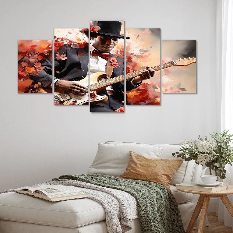 Stylish frosted candle holders-Designart "African Jazz Musician II" Red African American Art Set Of 5 - Global Oversized Wall Art Decor For Hallway