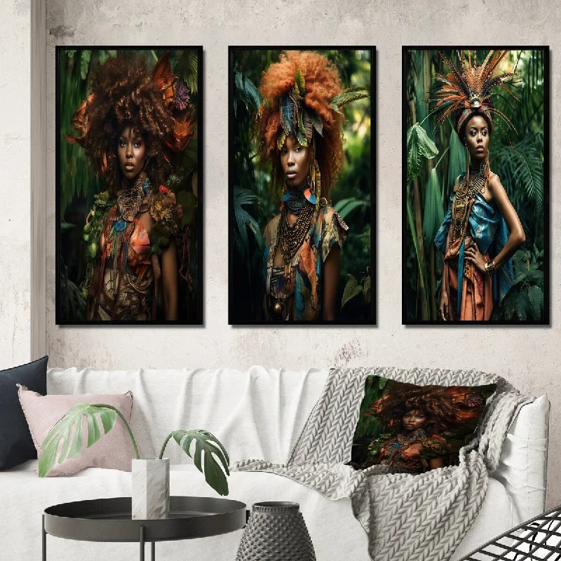 Cute floral throw blankets-Designart "Afropunk Haute Couture Jungle Model IV" African American Woman Frame Gallery Set Of 3 For Office Decor