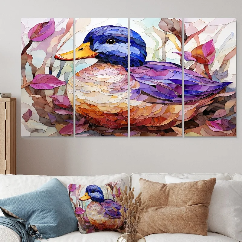 Designer wall art for living rooms-Designart "Beige And Purple Duck In Meadow" Duck Extra Large Canvas Set Of 4 - Oversized Modern Farmhouse Wall Art Decor